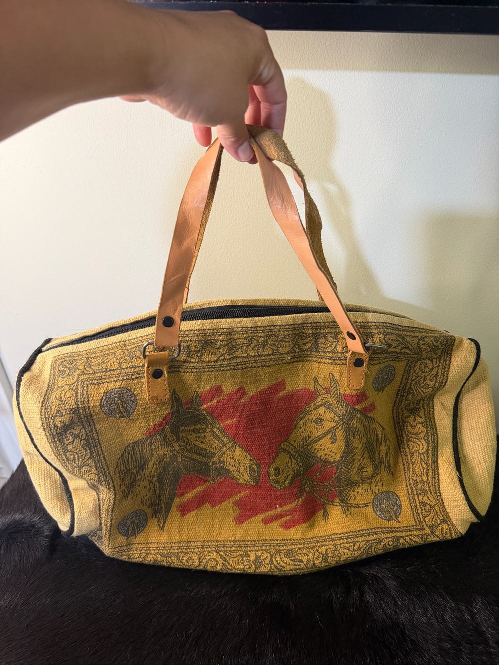 Yellow Horse-Print Canvas Tote Bag with Leather Handles